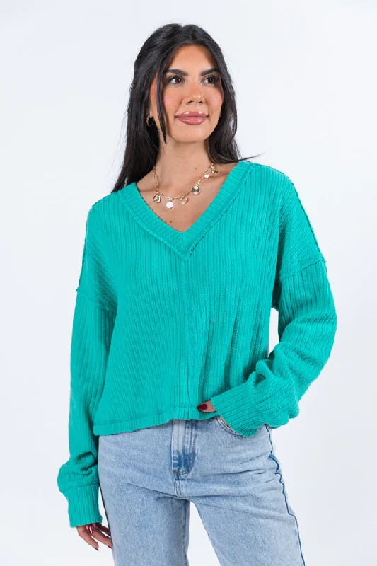 Women's Blouse with Cap SleevesLiving Right Seafoam Ribbed V-Neck Knit Top FINAL SALE