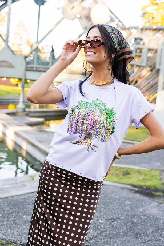 Women's Blouse with Mandarin CollarLavender Frill Edge Beads In Tree Tee