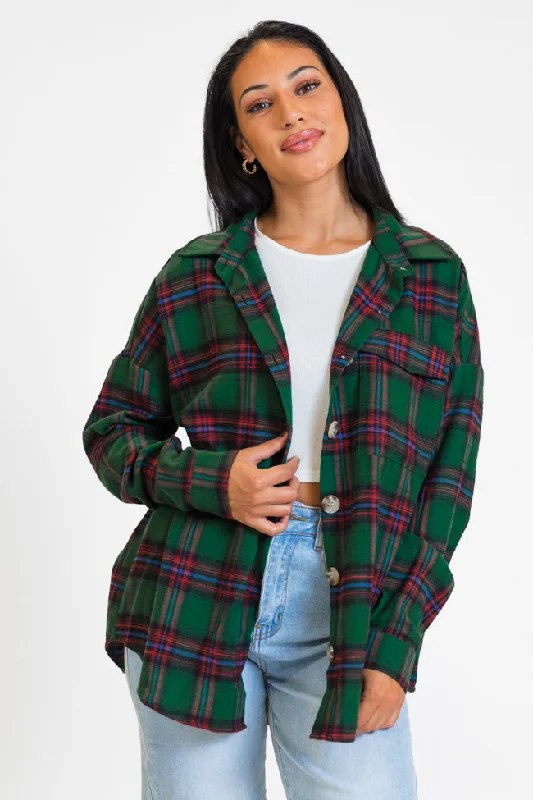 Women's Blouse with SmockingMade Me Realize Green and Red Plaid Oversized Button Front Shirt FINAL SALE