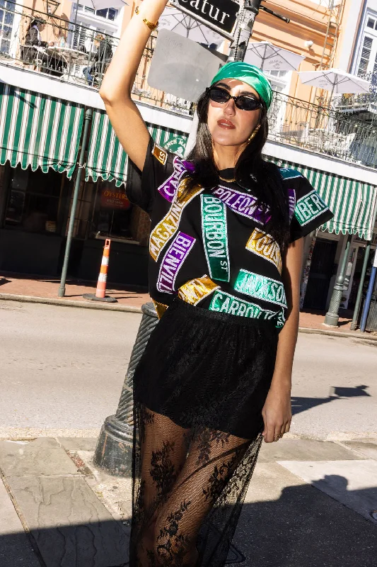 Women's Blouse with Sweetheart NeckBlack Metallic Nola Street Signs Tee