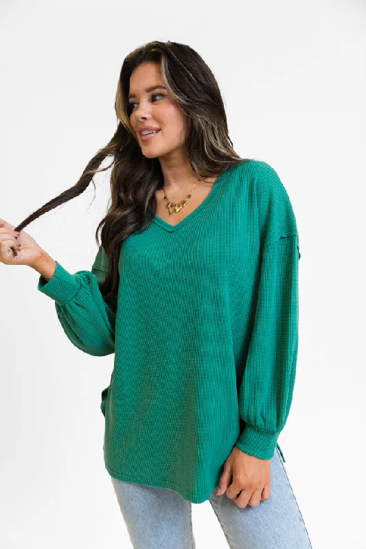 Women's Blouse with High CollarSending Love Evergreen Oversized Waffle V-Neck Top FINAL SALE