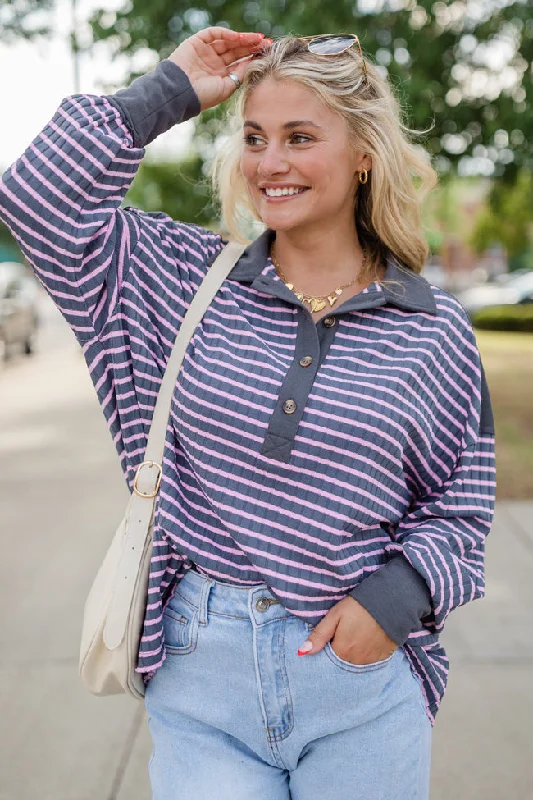 Women's V-Neck BlouseThis Is The Life Navy and Pink Striped Collared Henley Oversized Knit Top