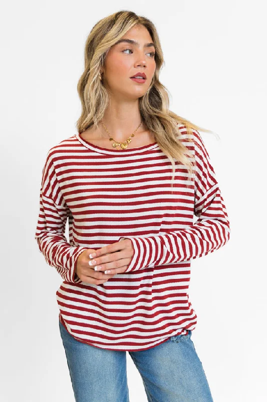 Women's Blouse with PatchesBlizzard Bliss Red Wide Neck Striped Knit Top FINAL SALE