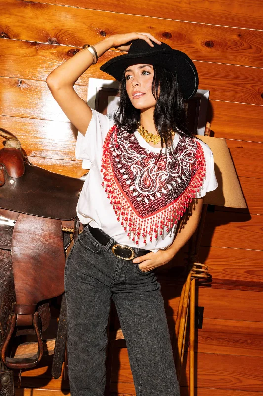 Women's Blouse with Long SleevesWhite With Red Sequin Bandana And Fringe Tee