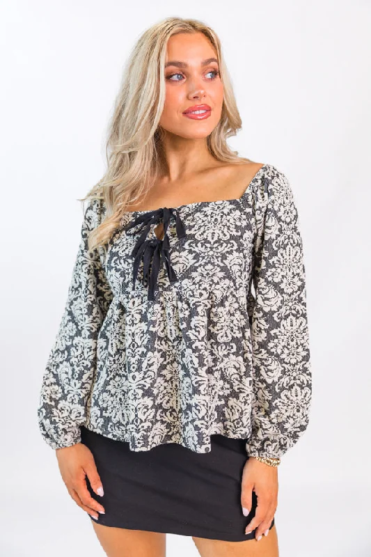 Women's Blouse for OfficeAlways Ready Black and Ivory Jacquard Tie Front Knit Top FINAL SALE