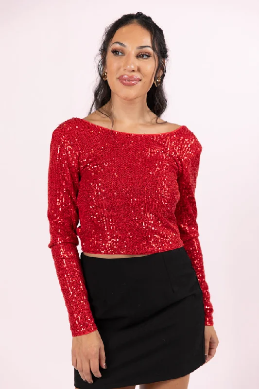 Women's Blouse with Lapel CollarTidings To You Red Smocked Back Sequin Top FINAL SALE