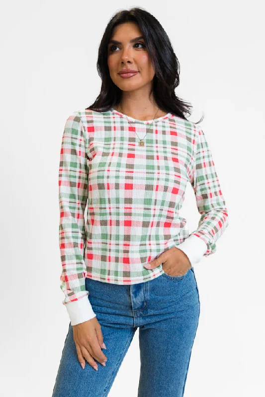 Women's Blouse with V-Shaped CollarLazy Plaid Ivory, Red, and Green Print Waffle Layering Top FINAL SALE