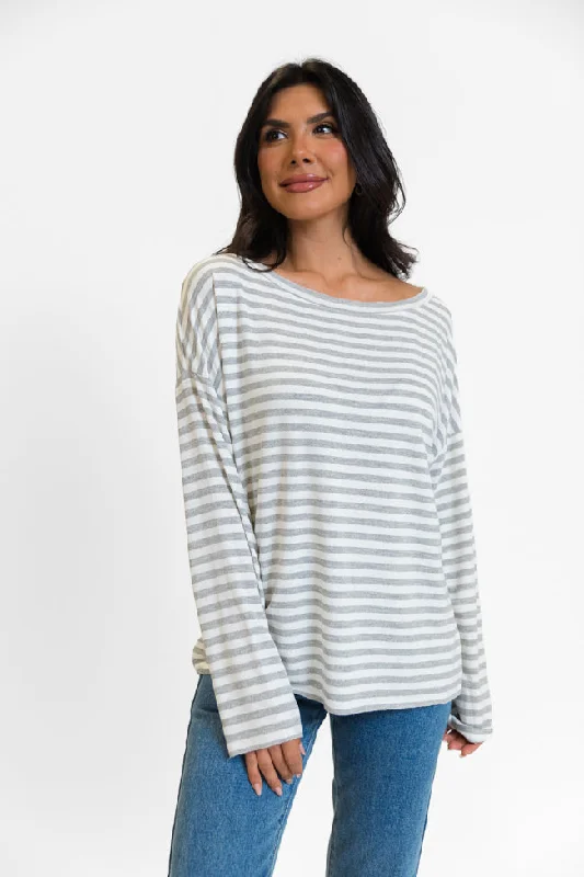 Women's Blouse with PocketsBlizzard Bliss Grey Wide Neck Striped Knit Top FINAL SALE