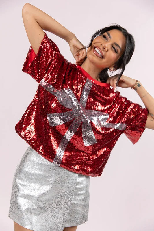 Women's Blouse with Cropped LengthBow On Top Red Sequin Bow Top FINAL SALE