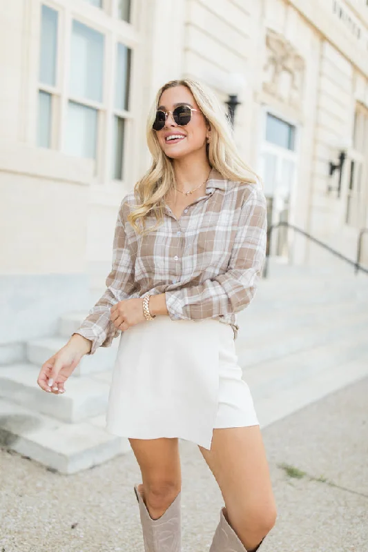 Women's Blouse with Collarless DesignPaid My Dues Tan Lightweight Plaid Shirt FINAL SALE