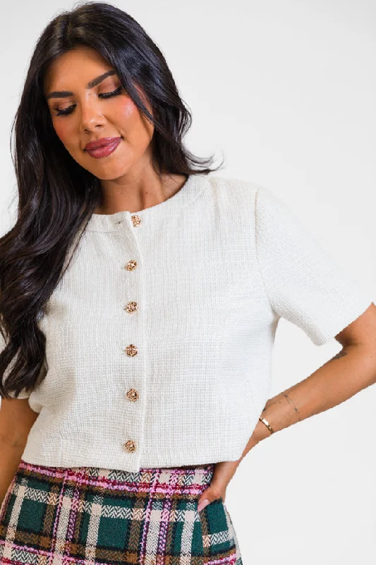 Women's Blouse with V-Shaped HemThis Time Ivory Tweed Collarless Jacket Top FINAL SALE