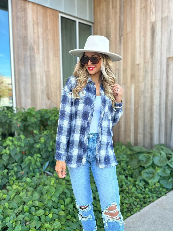 Women's Blouse with BeadsBlue Plaid Flannel Shirt