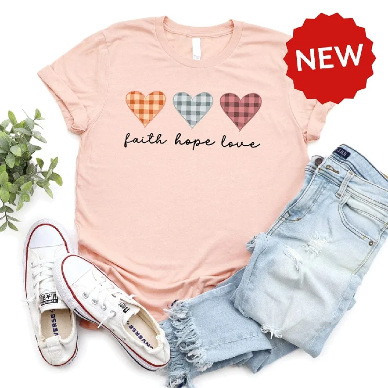 Women's Blouse with Lapel CollarFaith Hope Love Plaid Hearts Tee