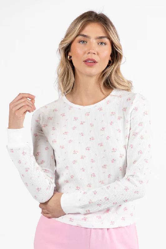 Women's Blouse with Mandarin CollarLazy Floral Ivory and Pink Floral Print Waffle Layering Top FINAL SALE