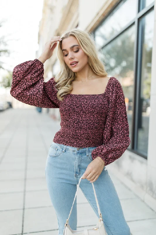 Women's Blouse with Short SleevesDay We Met Brown and Pink Smocked Square Neck Floral Top FINAL SALE