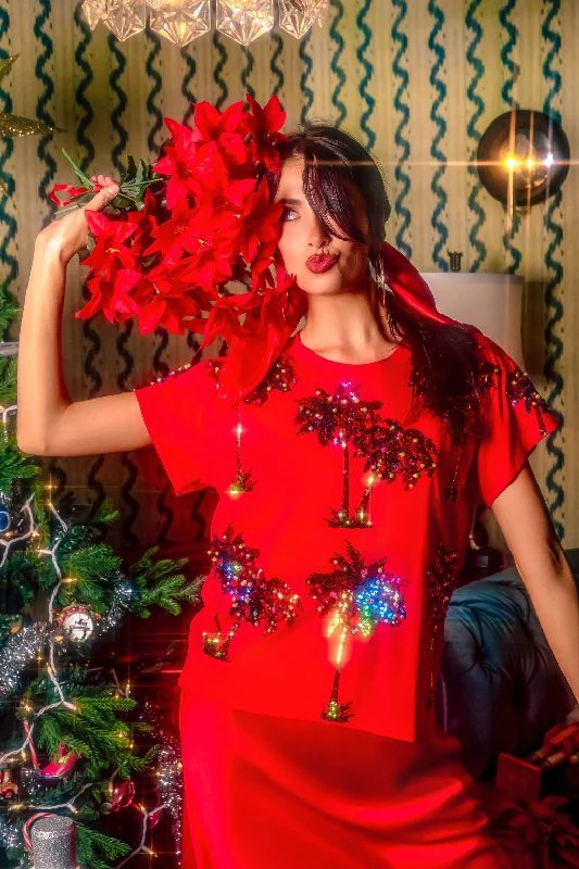 Women's Blouse with High CollarRed Multi Christmas Light Palm Tree Tee