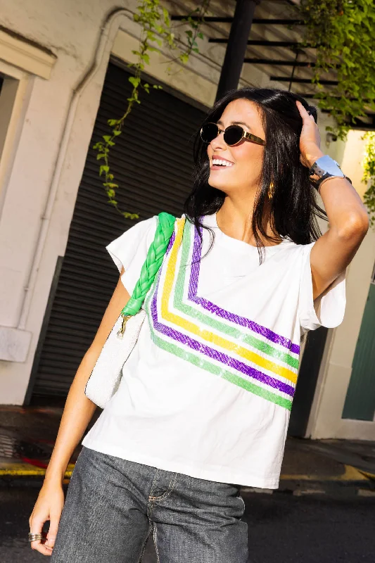 Women's Blouse with Mandarin CollarWhite Diagonal Mardi Gras Stripe Tee