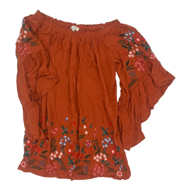 Women's Blouse with Sweetheart CollarBlouse 3/4 Sleeve By Umgee In Orange, Size:1X