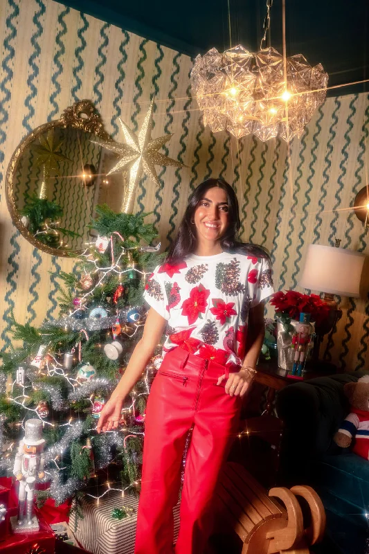 Women's Blouse with V-Shaped CollarWhite Poinsettia & Pine Cone Tee