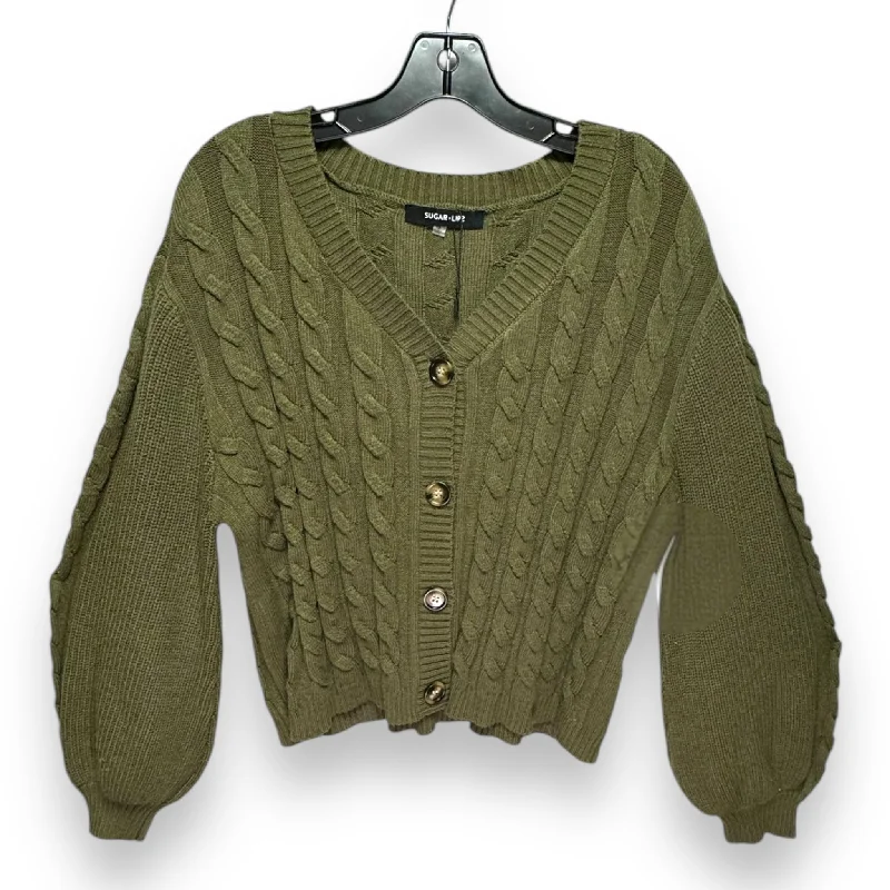 Women's U-Shaped Collar SweatersFern Cropped Cable Knit Cardigan By Sugar Lips In Olive, Size: XS