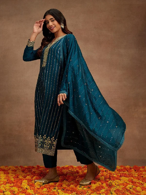 Women's Jumpsuits with U-Shaped NeckTeal Embroidered Silk Straight Suit With Dupatta