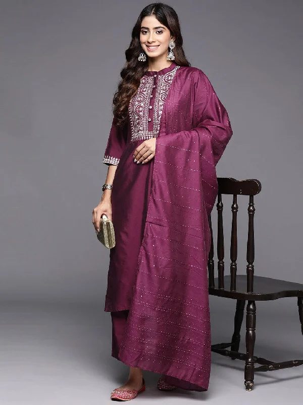 Women's Jumpsuits with Keyhole NeckBurgundy Yoke Design Silk Blend Straight Suit With Dupatta