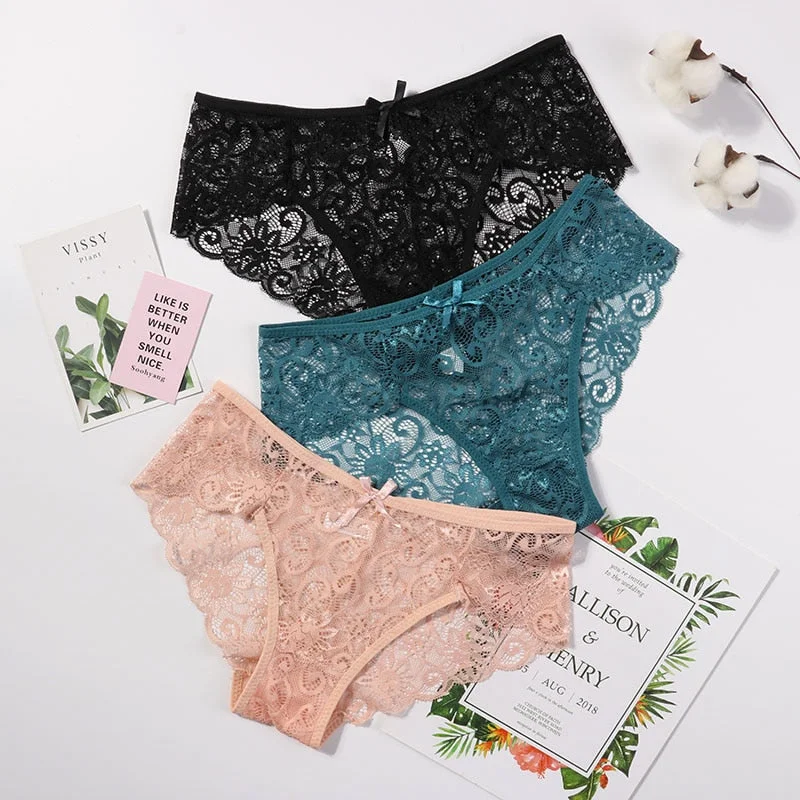 lace-detailed chemises3pcs/Pack! Sexy Women Lace Panties Underwear Lace  Briefs S M L XL Transparent  Floral Bow Soft Lingerie