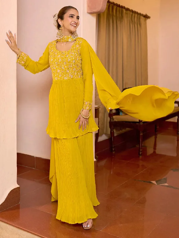 Women's Jumpsuits with U-Shaped CollarLibas Art Mustard Embroidered Georgette A-Line Kurta With Sharara & Dupatta