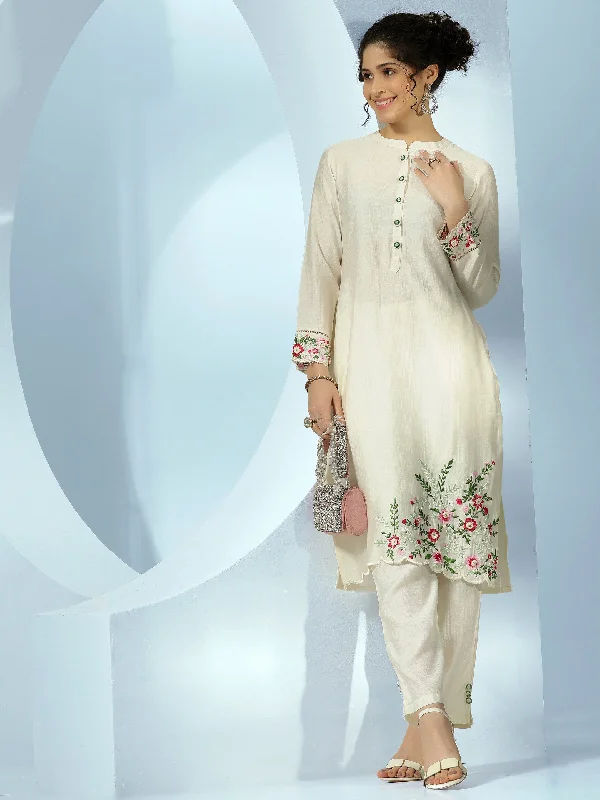 Women's Jumpsuits with High CollarOff White Embroidered Silk Blend Straight Kurta Set