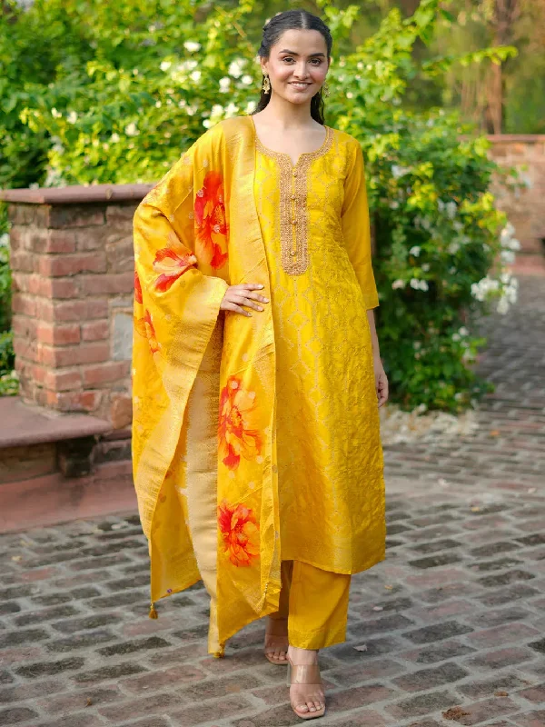 Women's Jumpsuits with U-Shaped CollarMustard Woven Design Silk Blend Straight Suit With Dupatta