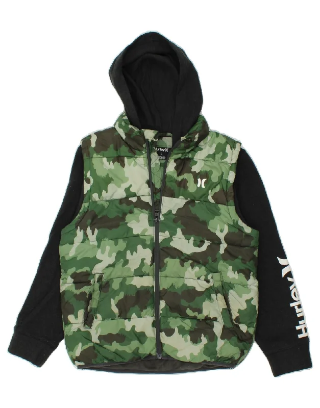 Women's Coats with HoodHURLEY Womens Graphic Hooded Padded Jacket UK 16 Large Green Camouflage