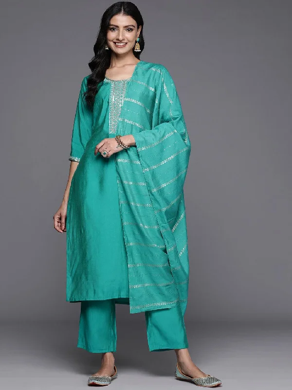 Women's Jumpsuits with Low CollarGreen Yoke Design Silk Blend Straight Suit With Dupatta