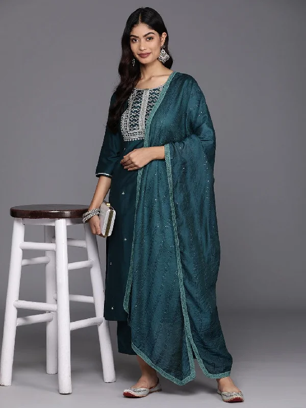 Women's Jumpsuits with Low CollarBlue Yoke Design Silk Blend Straight Suit With Dupatta