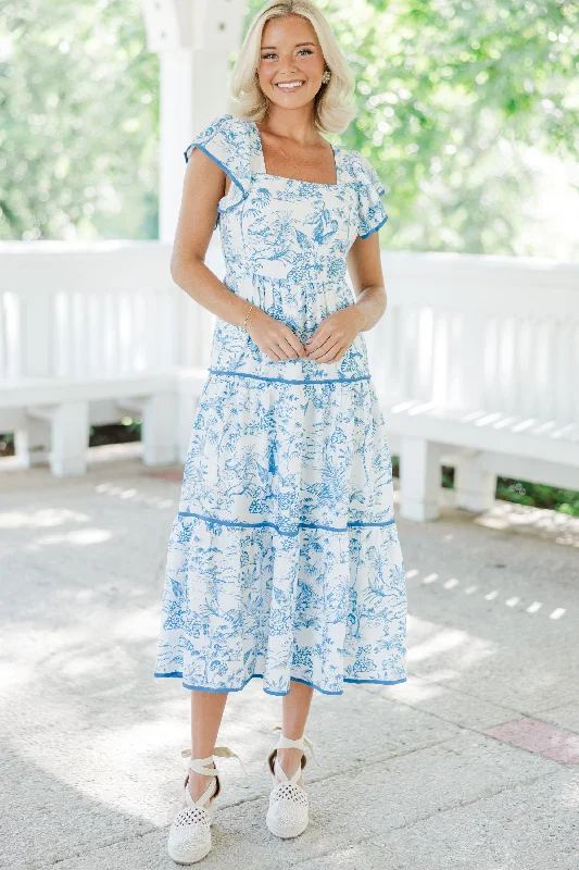 Women's Asymmetrical DressesSo Much Joy Blue Toile Midi Dress