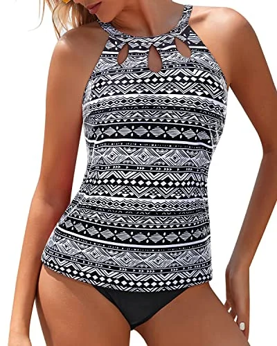 High Neck Two Piece Tankini Bathing Suit Tummy Control Tankini Bottom for Women