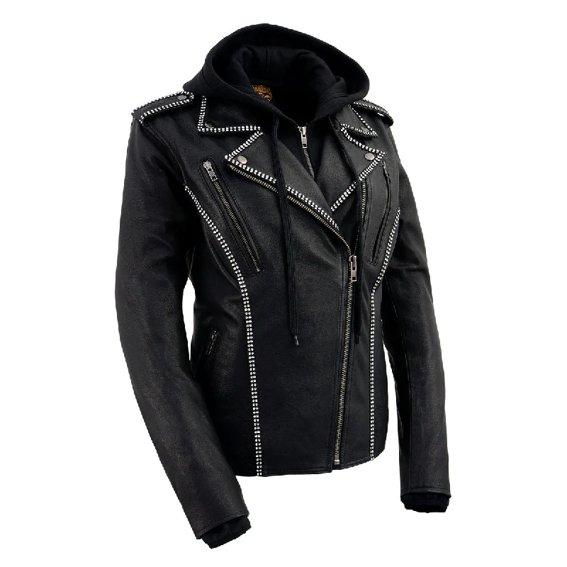 Women's Hooded Sweatshirts with Relaxed WaistMilwaukee Leather MLL2503 Women's Black 'Bedazzled' Leather Moto Jacket with Hoodie