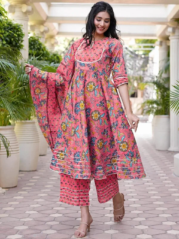 Women's Jumpsuits with SleevesPink Printed Cotton Anarkali Kurta With Palazzos & Dupatta