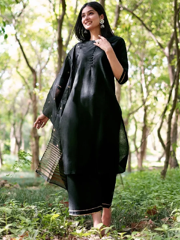 Women's Jumpsuits with High CollarBlack Solid Cotton Straight Kurta With Palazzos & Dupatta