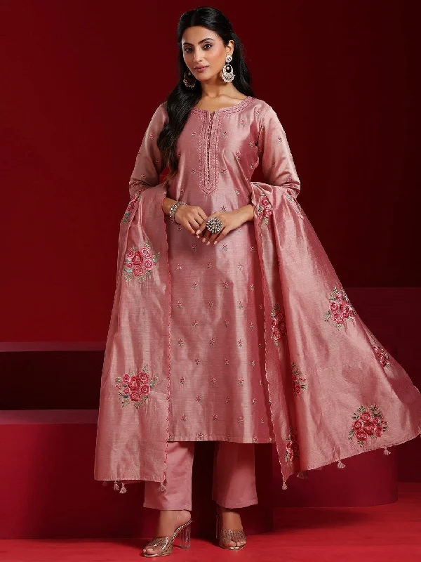 Women's Jumpsuits with Shirt CollarLibas Art Pink Embroidered Chanderi Silk Straight Suit With Dupatta