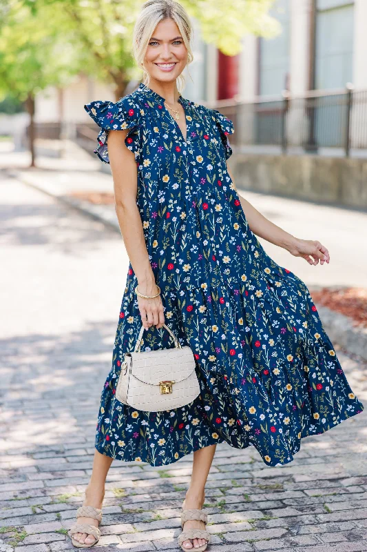 Women's Shift DressesJust For Today Navy Blue Floral Midi Dress