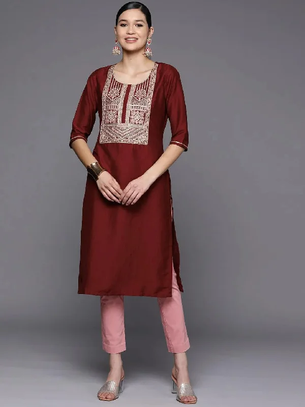 Women's Jumpsuits with Mid WaistMaroon Embroidered Silk Straight Kurta