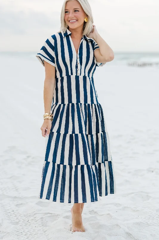 Women's Low Collar DressesSearch Your Heart Navy Blue Striped Midi Dress