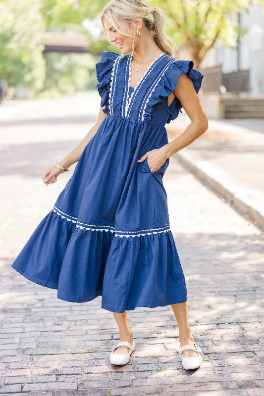 Women's U-Back DressesReady For The Day Navy Blue Ruffled Midi Dress