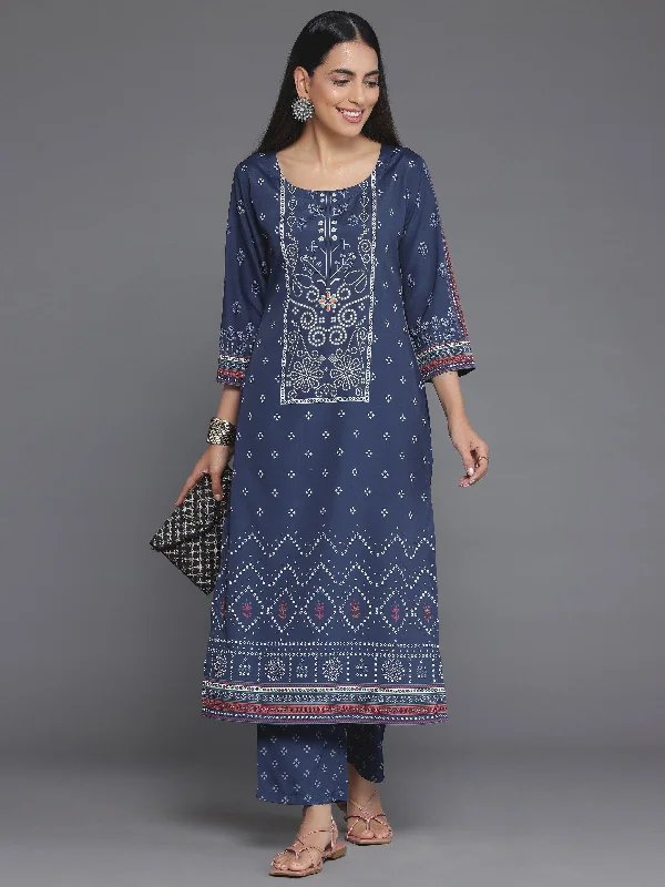 Women's Jumpsuits with Sweetheart NeckBlue Printed Poly Crepe Straight Kurta Set