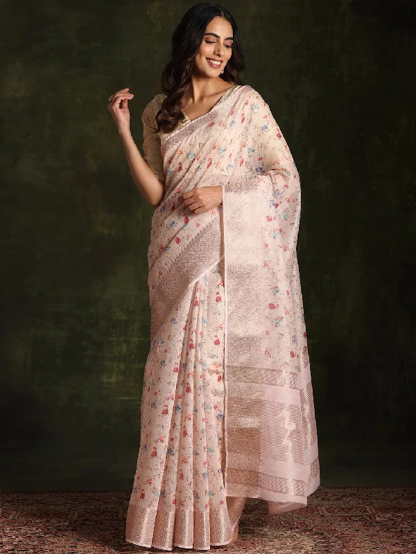 Women's Jumpsuits with Shawl CollarBeige Printed Silk Blend Saree With Unstitched Blouse Piece