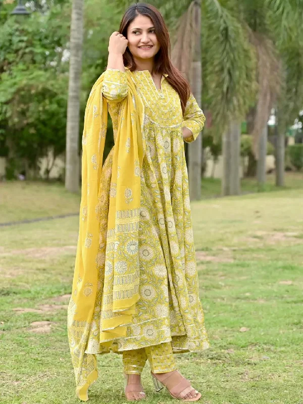 Women's OverallsYellow Yoke Design Cotton Anarkali Kurta With Trousers & Dupatta