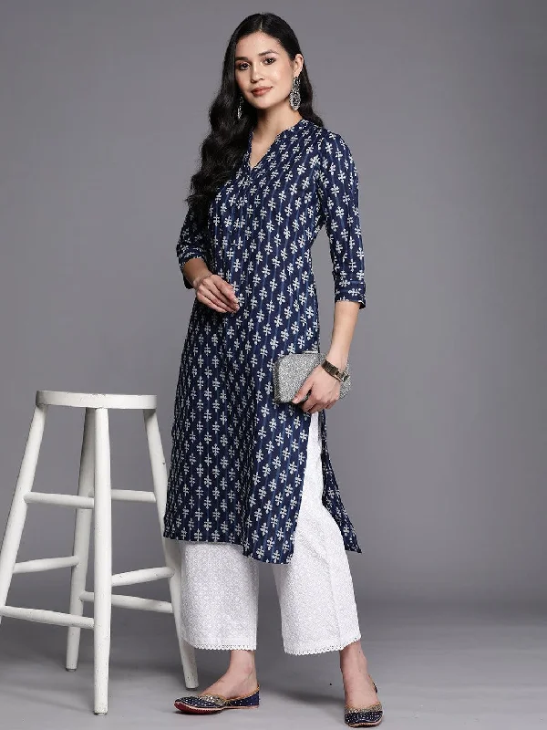 Women's Jumpsuits with Keyhole CollarBlue Printed Cotton Straight Kurta