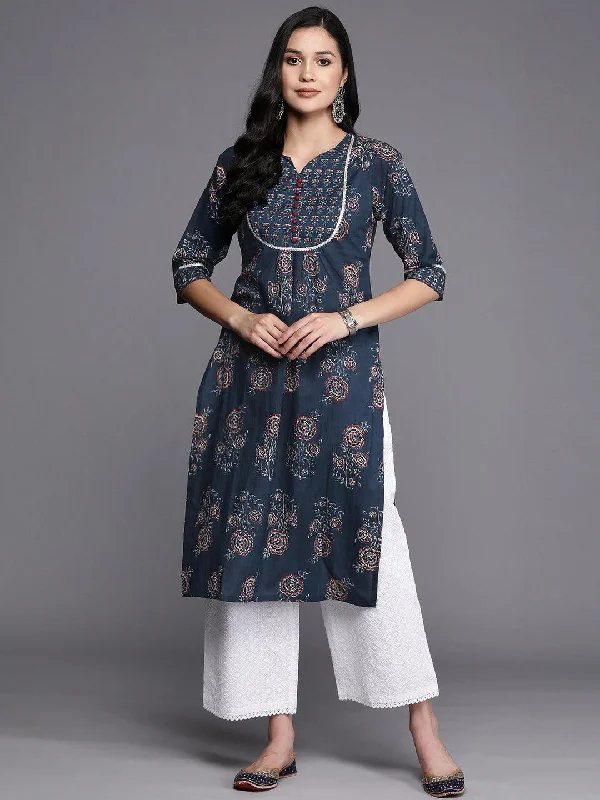 Women's Jumpsuits with U-Shaped CollarBlue Printed Cotton Straight Kurta