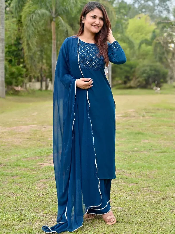 Women's Jumpsuits with Lapel CollarBlue Embroidered Rayon Straight Kurta With Palazzos & Dupatta