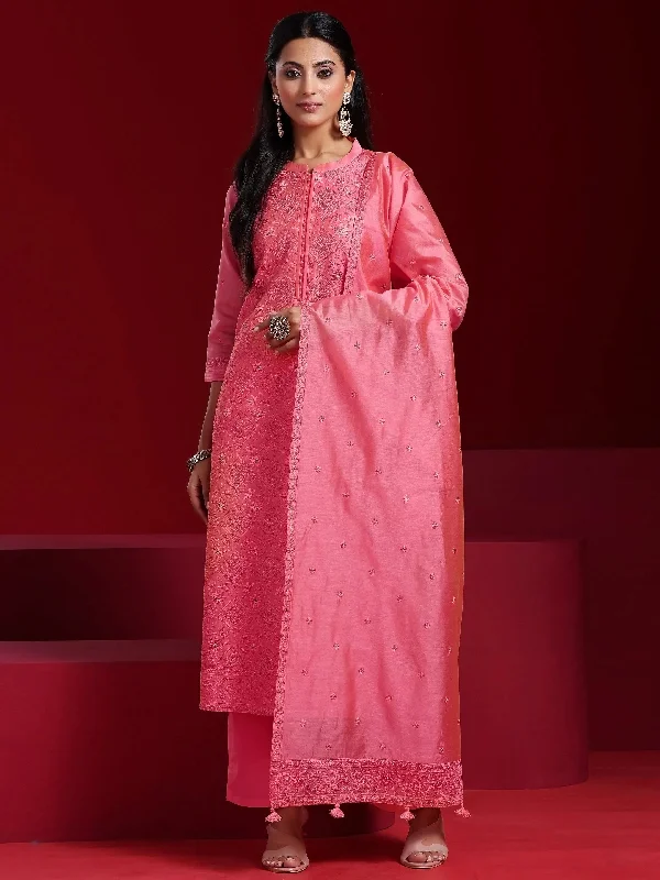 Women's Jumpsuits with Capri LengthLibas Art Coral Embroidered Chanderi Silk Straight Suit With Dupatta